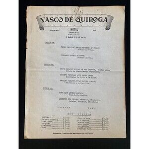 Vintage Restaurant Bar Vasco de Quiroga Hotel  Menu Mexico  1949 Typed Sheet